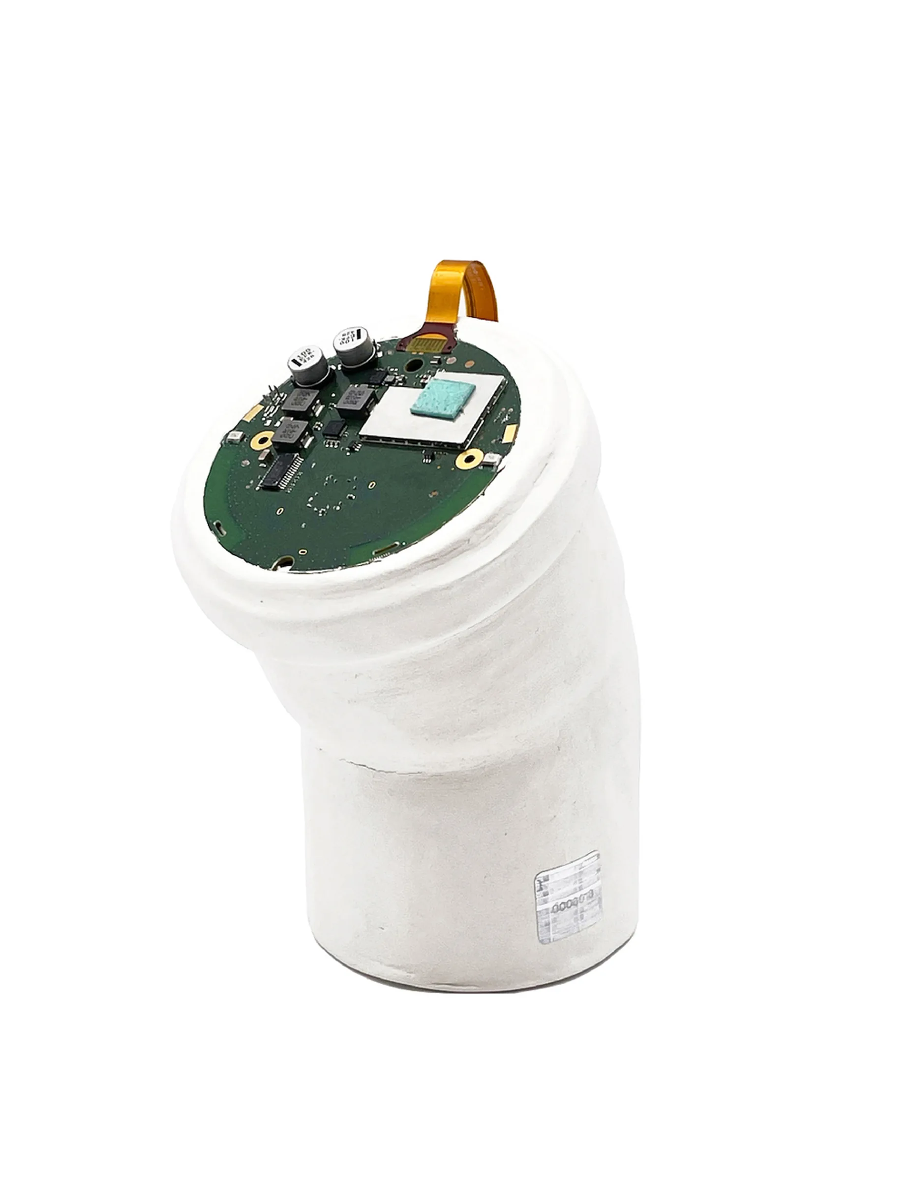 Item for the Great Reset: Communication Receiver, conceptual sculpture by Barbara K. Prokop using a speaker cover, electrical components and air drying clay