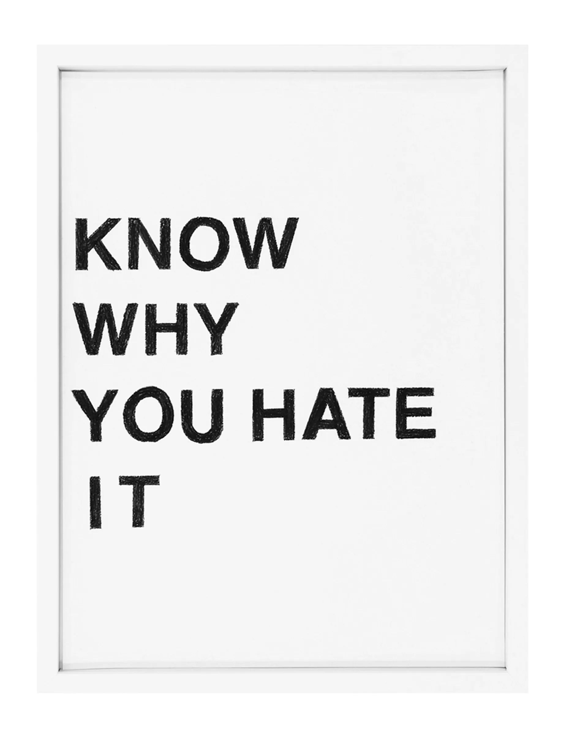Framed pastel text drawing KNOW WHY YOU HATE IT by Barbara K. Prokop: bold, hand-rubbed black capital letters stacked in four left-aligned lines on white paper with visible pastel texture.