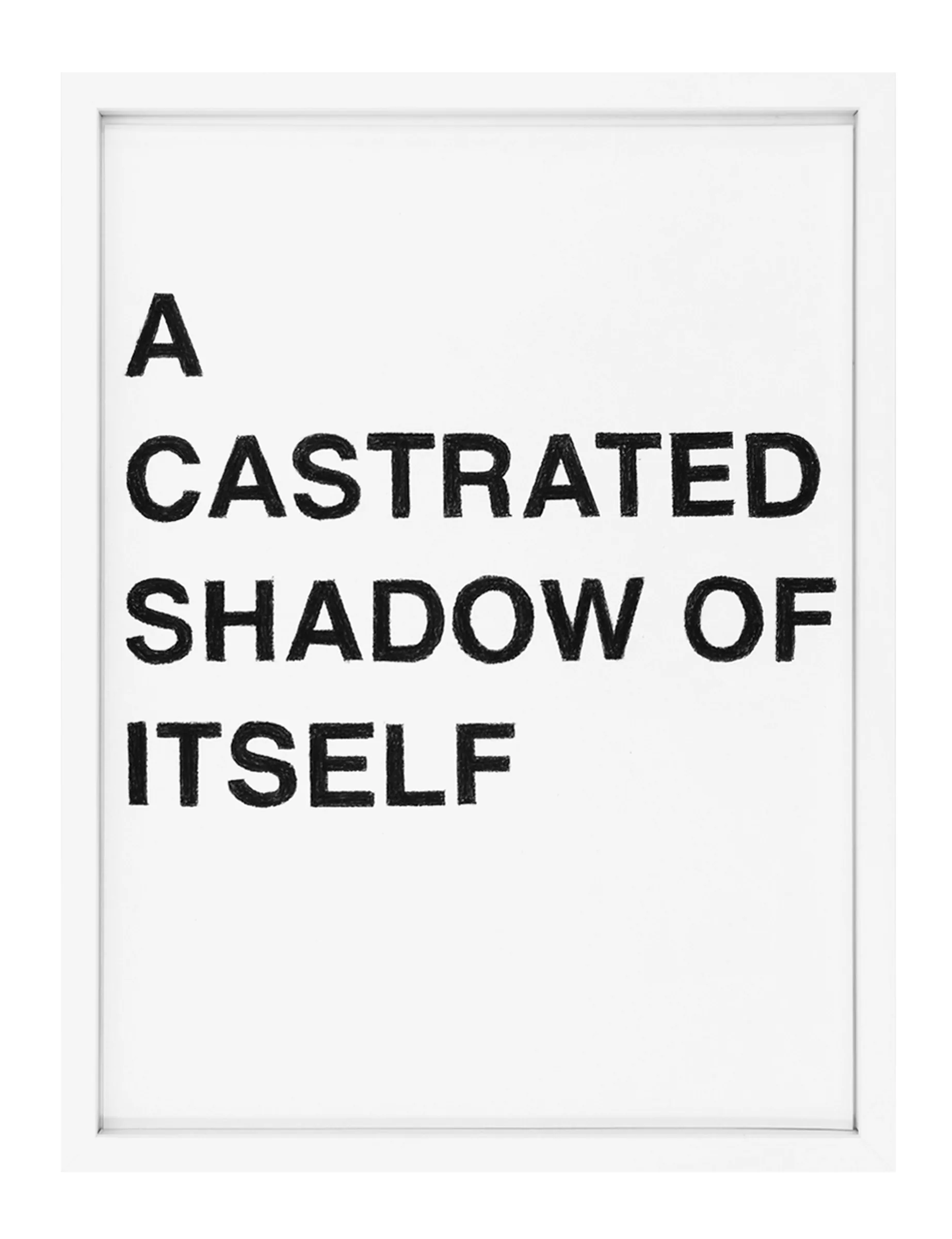 Framed pastel on paper showing the text 'A CASTRATED SHADOW OF ITSELF' in four left-aligned lines of bold black capitals; artwork by Barbara K. Prokop with visible pastel texture.