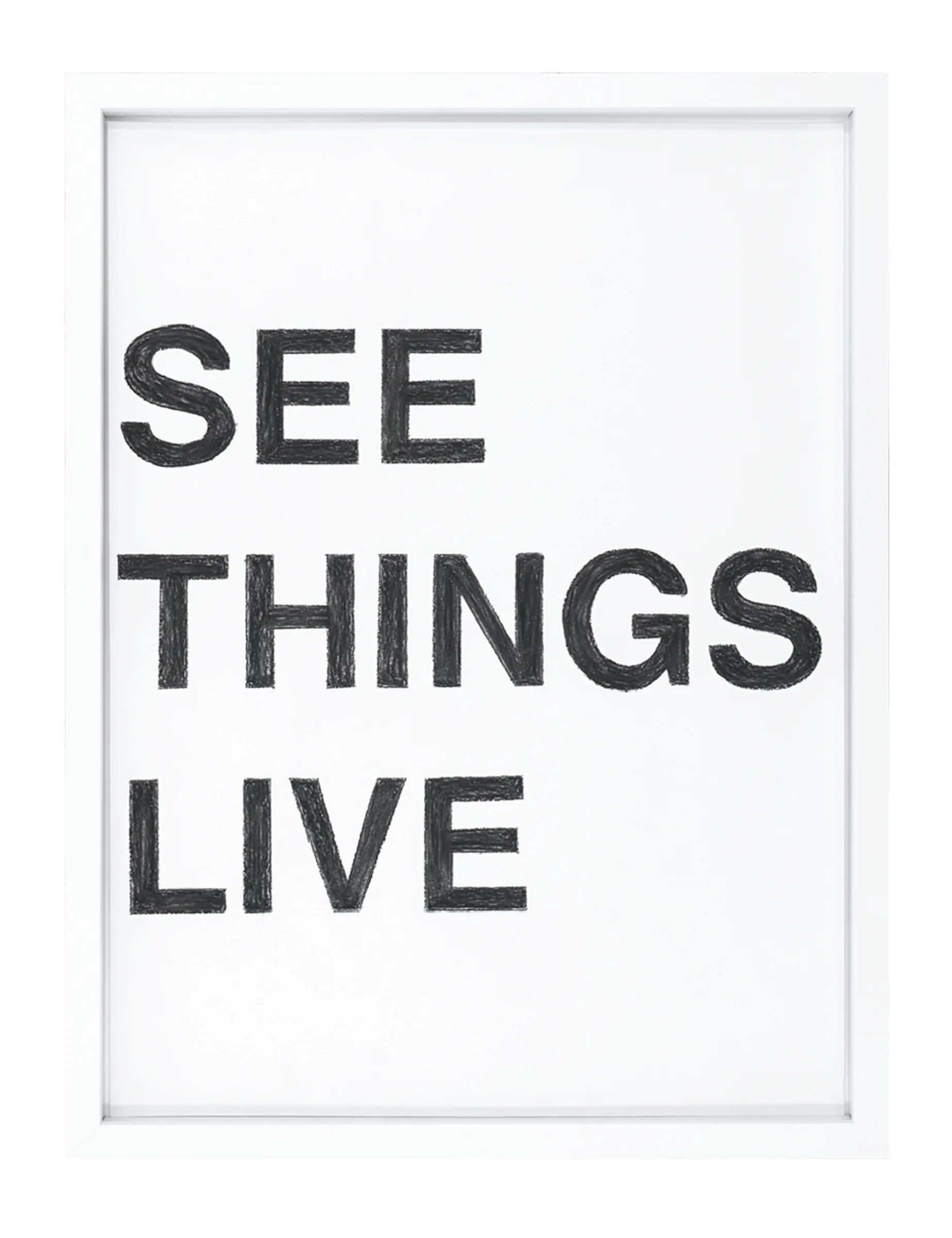 Framed pastel on paper with three stacked rows of black block capitals reading 'SEE THINGS LIVE' — SEE THINGS LIVE by Barbara K. Prokop.