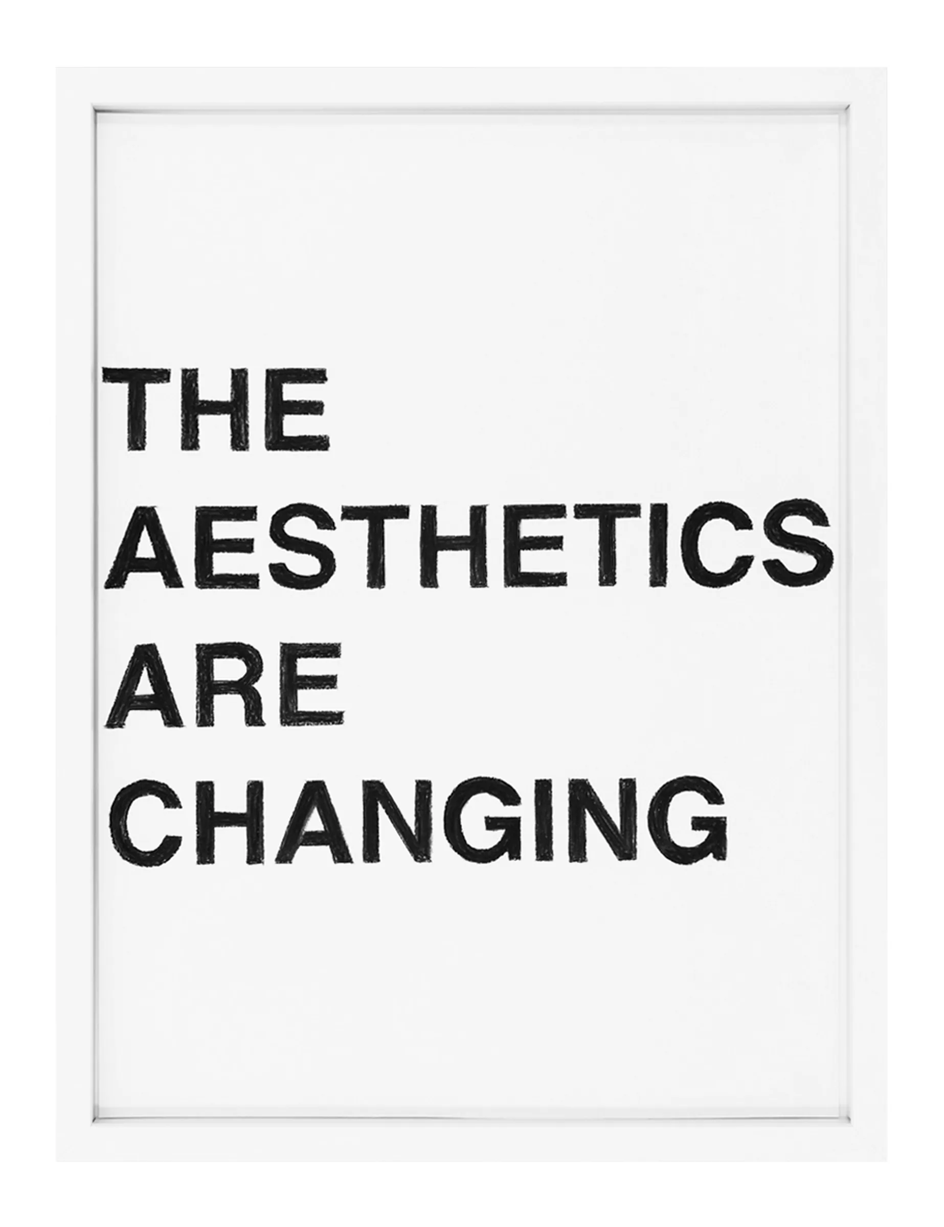 Framed pastel on paper by Barbara K. Prokop titled THE AESTHETICS ARE CHANGING, showing four lines of hand-drawn black capital letters reading 'THE AESTHETICS ARE CHANGING'.