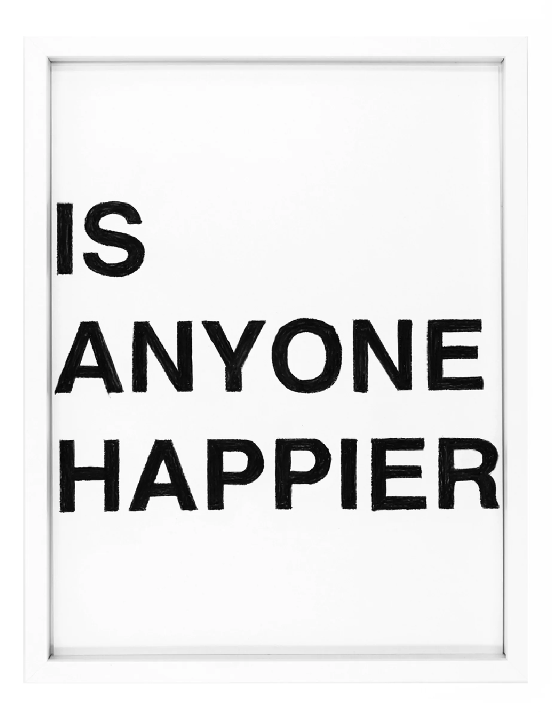 Framed pastel on paper with bold black block letters reading 'IS ANYONE HAPPIER' across three stacked lines — IS ANYONE HAPPIER by Barbara K. Prokop.