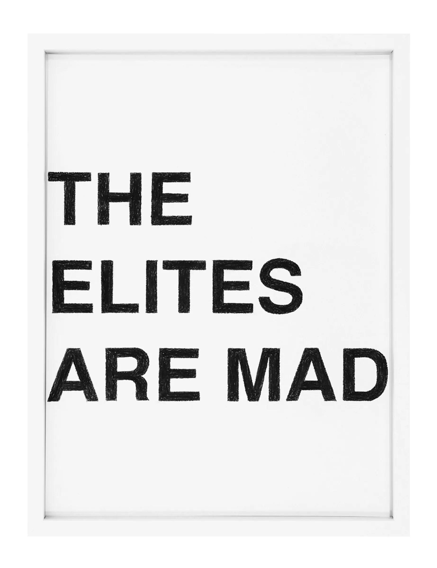 Framed pastel on paper by Barbara K. Prokop titled THE ELITES ARE MAD, showing three stacked lines of bold black capital letters with rough, dense strokes on a white sheet.