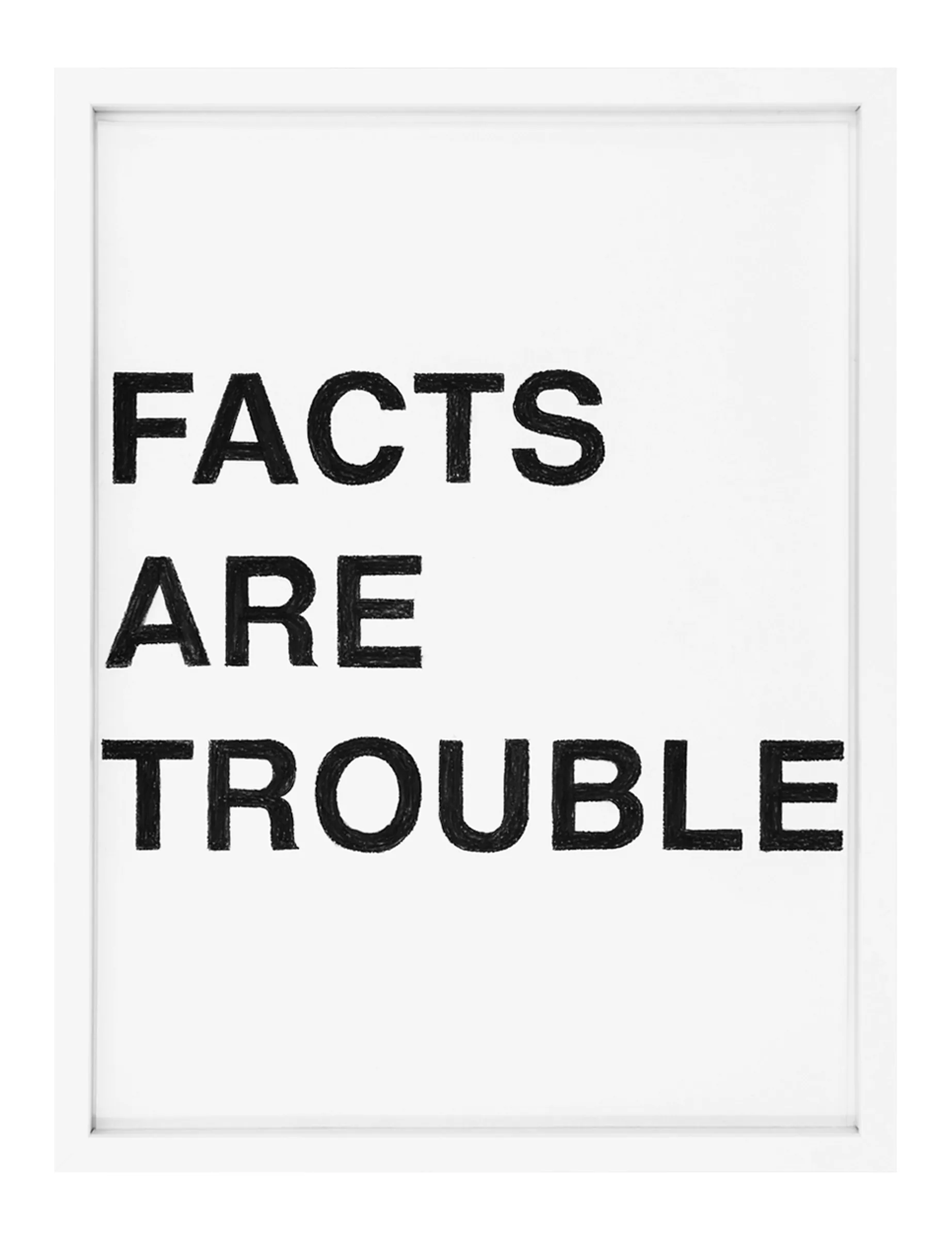 Framed pastel on paper with three stacked black words reading FACTS ARE TROUBLE, hand-sketched texture visible — FACTS ARE TROUBLE by Barbara K. Prokop.